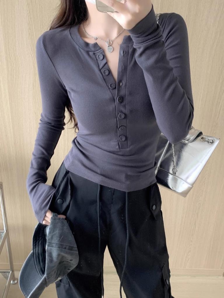 Skinny Spice Girl Single-breasted Long Sleeve T-Shirt Women's Spring Front Shoulder Skinny Top with White Bottom Shirt