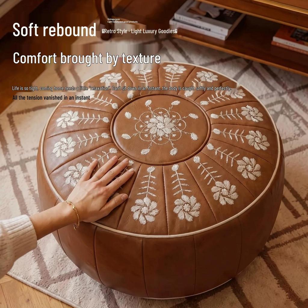 Nordic Embroidered Leather Ottoman: Large-Capacity Round Storage Stool for Living Room