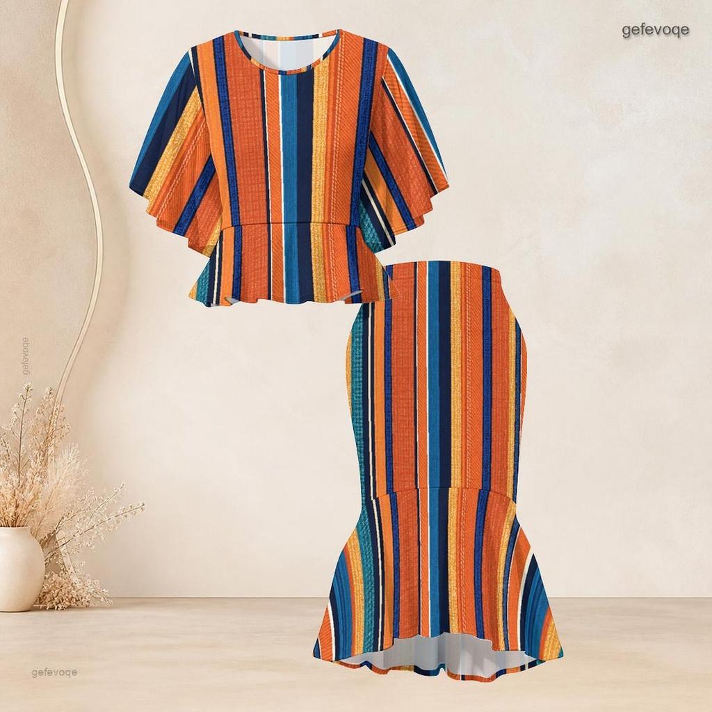 Women Plus Size Printed Round Neck Ruffle Sleeve Ruffle Hem Top Fishtail Skirt Two Piece Set