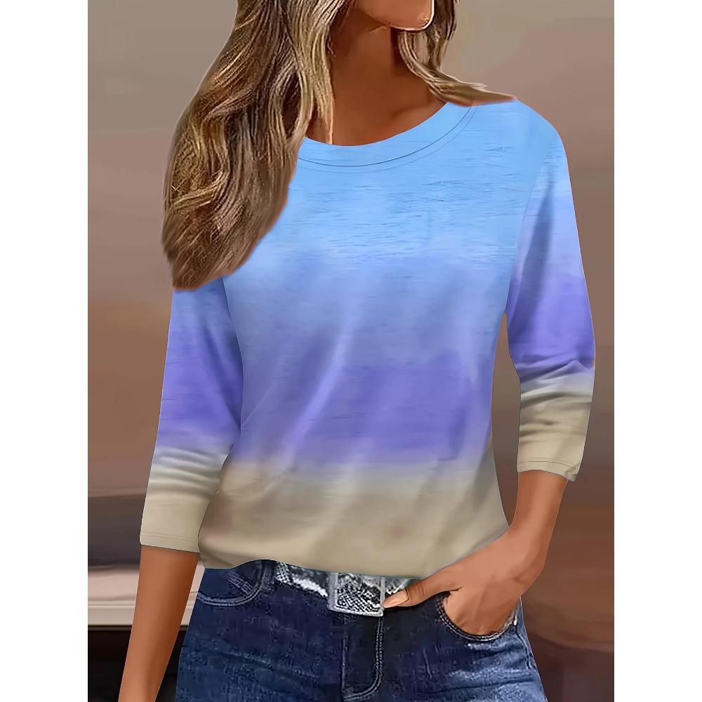 Gradient 3D Digital Printed Women's Harajuku Style Casual Round Neck Long Sleeved T-shirt