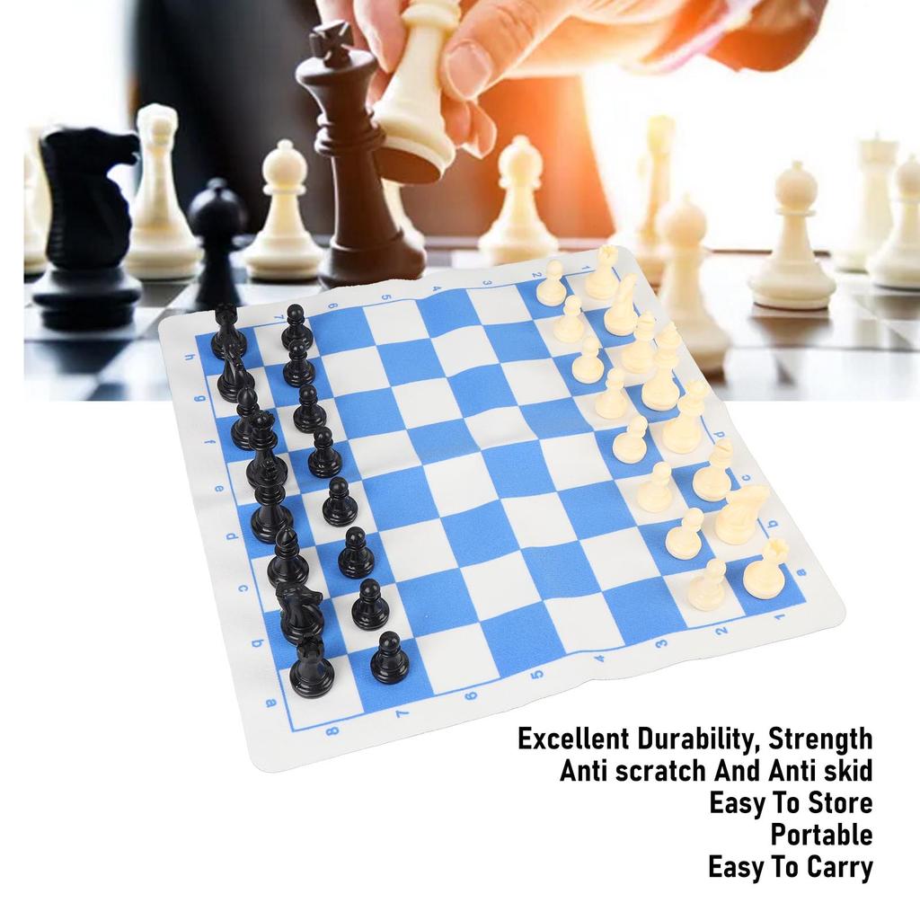Chess Game Set Plastic 32 Chess Pieces Chessmen with 13.8 Inch PU Leather Blue White Chessboard for Home Travel