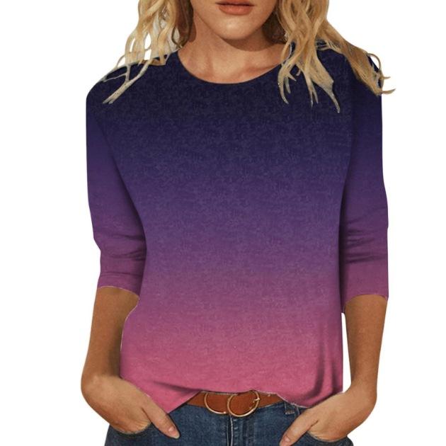 2026 Spring/Summer New Women's Fashion Printed Three-Quarter Sleeve Loose Round Neck Casual T-Shirt Top