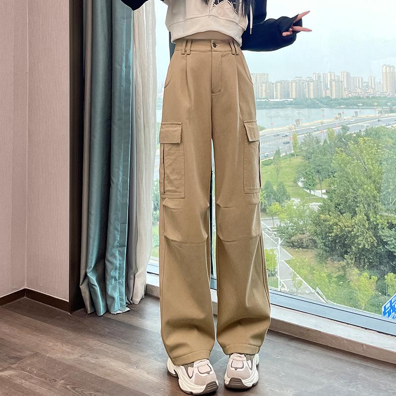 Women's Black Fleece-Lined High Waist Cargo Pants - Autumn/Winter, Slim-Fit, Straight-Wide Leg