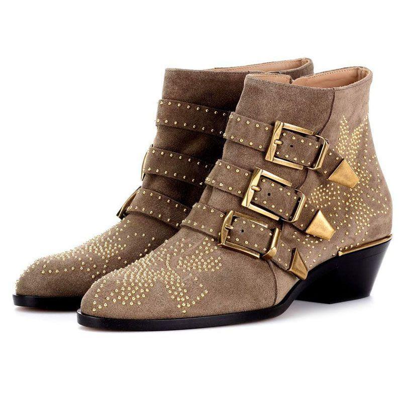 Fashion Brand Catwalk Rivet Cow Leather Short Boots Autumn Winter Retro Large35-45 Ankle Boots4cm Thick Heel Rock Night Club Women Shoes