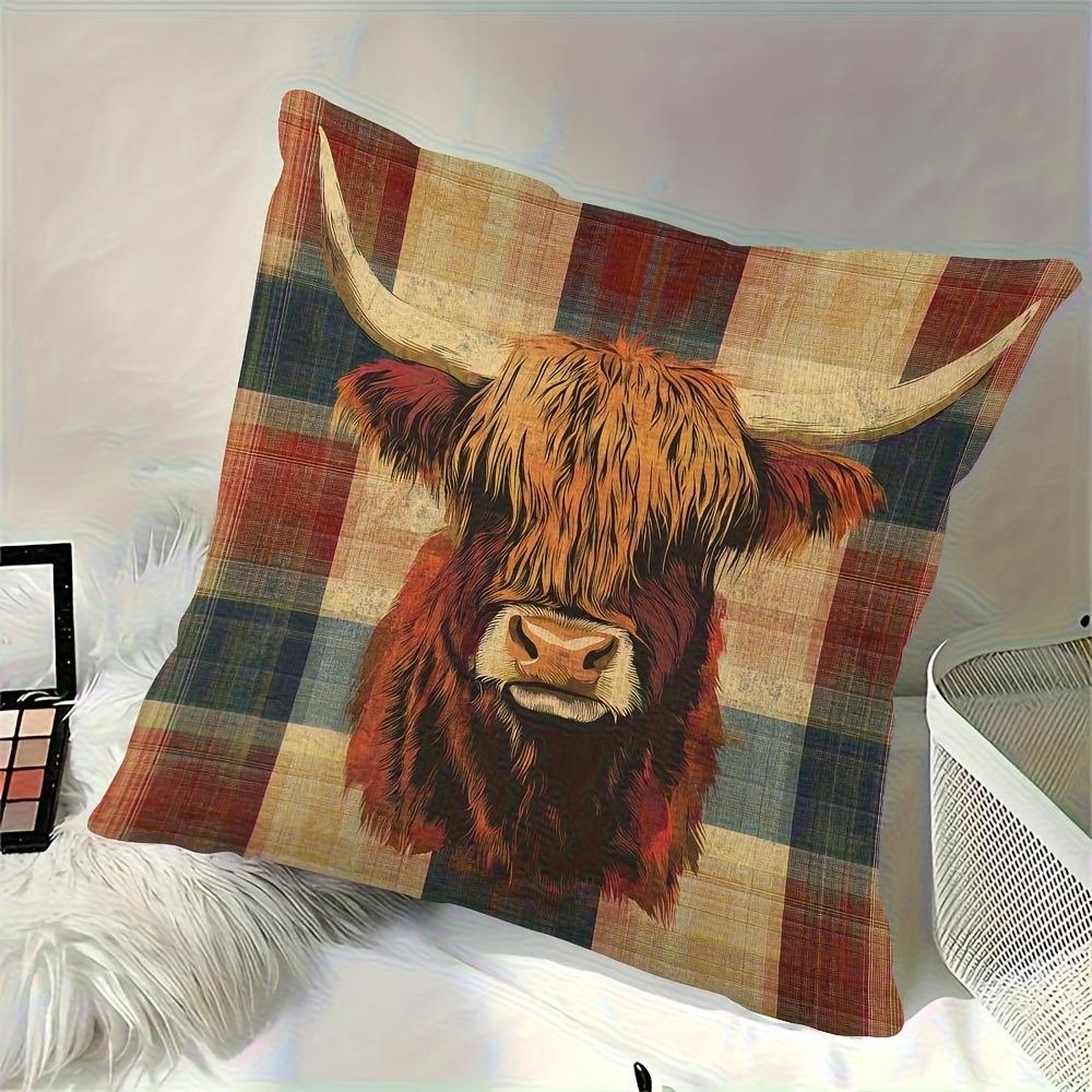 Single-sided Printed Pillowcase Featuring a Plaid Background and Vibrant Highland Cow Design