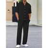 Men's Casual Striped Short Sleeve Sweatshirt with Button Down Shirt Collar and Elastic Waistband Pants In Polyester Textile Elastane Blend Two-Piece