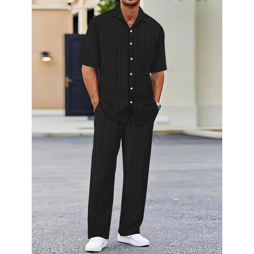 Men's Casual Striped Short Sleeve Sweatshirt with Button Down Shirt Collar and Elastic Waistband Pants In Polyester Textile Elastane Blend Two-Piece