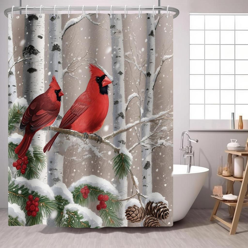 Pine Tree Red Bird Shower Curtain Green Winter Forest Cardinal Snow Berry Christmas Theme,Country Holiday Fabric Shower Curtains
