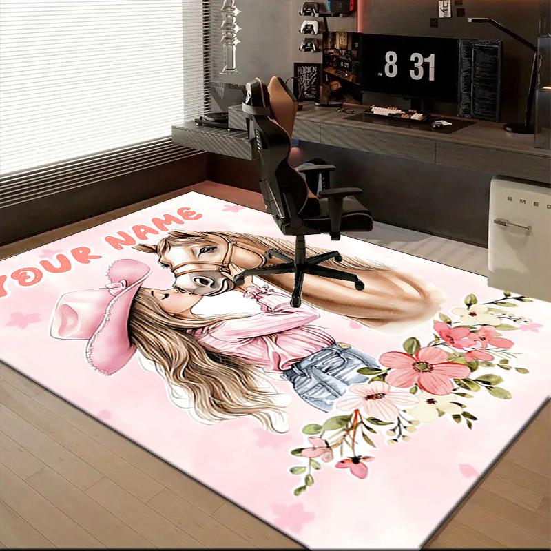 1PC Custom Name Girl Horse Friendship Theme Floor Mat Ideal for Living Room, Game Rooms, Office, Bedroom, Floor Mat Playful Design
