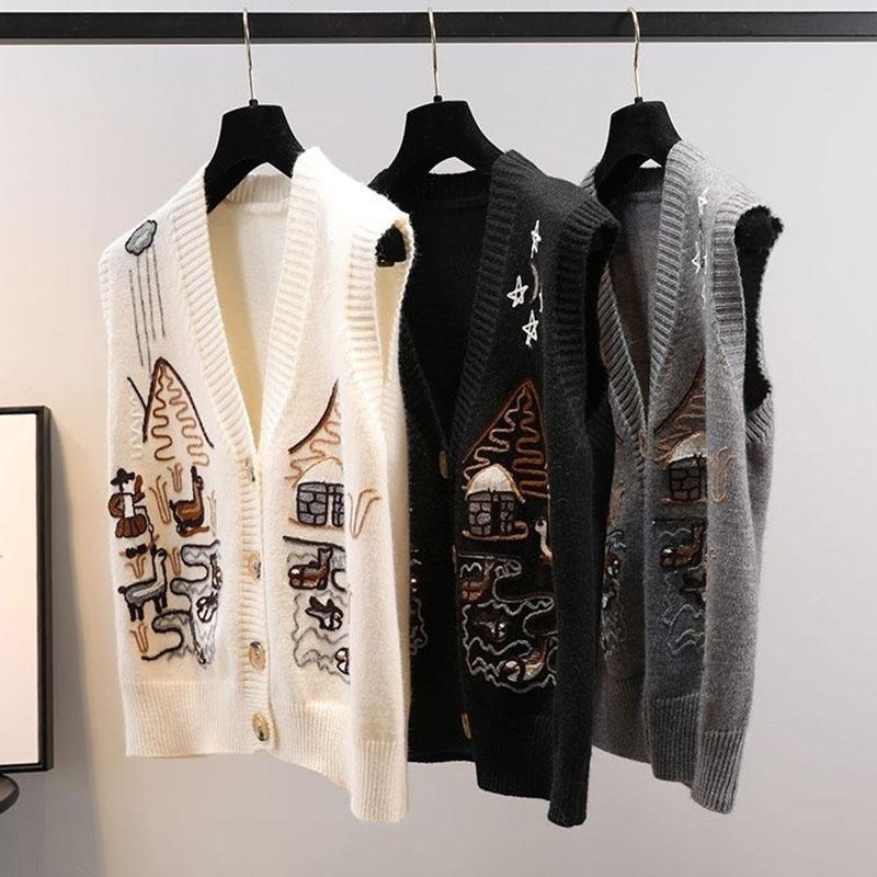 Spring  Autumn Knitted Vest Women Loose Knit Sleeveless Top V-neck Sleeveless Sweater Embroidered Cardigan Vest