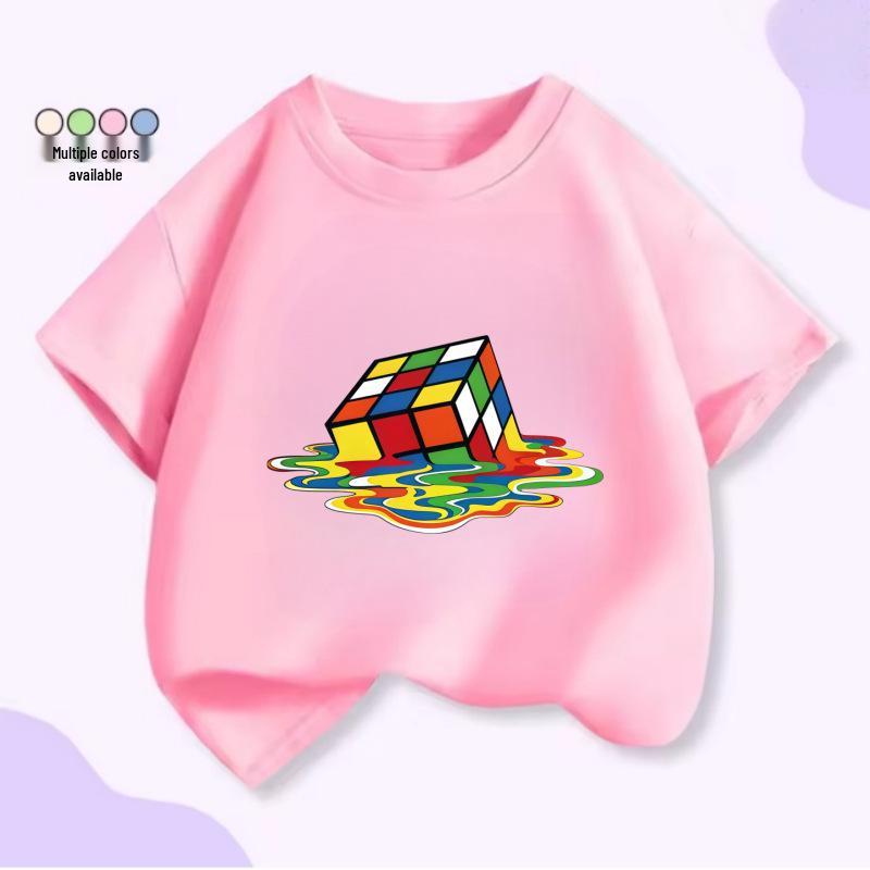 Trendy Colorful Melting Rubik s Cube Kids Unisex Summer T-shirt 110cm