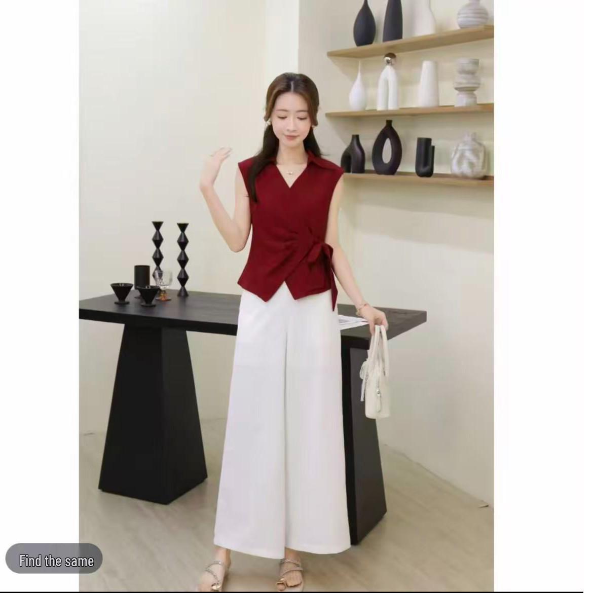 

1180 Summer Chic Belted Sleeveless Shirt & Wide-leg Pants Set for Men Medium 45-54 kg