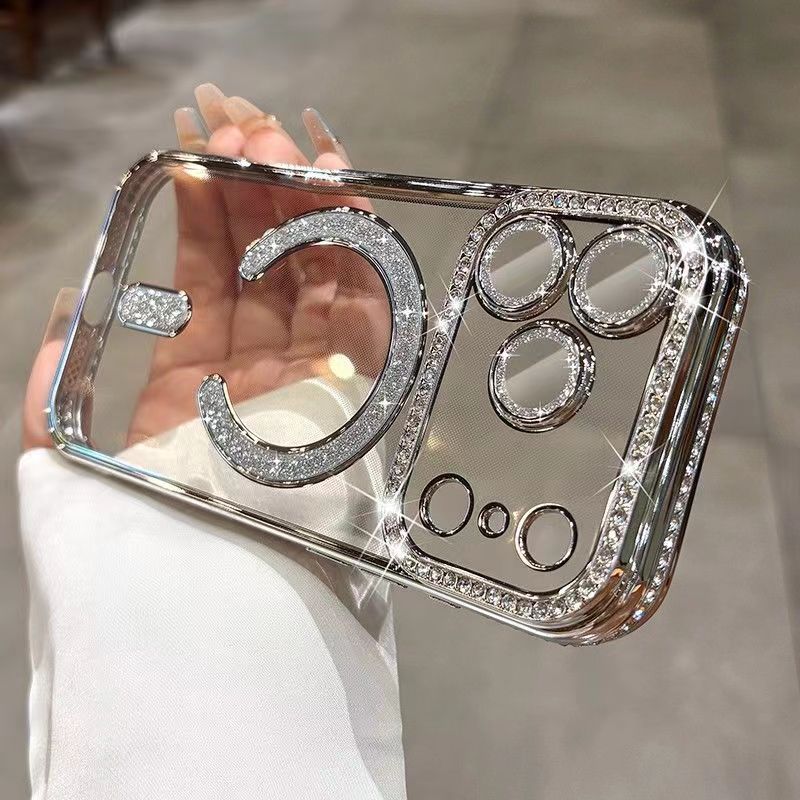 Flash drill magnetic attraction is suitable for iPhone17PROMAX mobile phone case, transparent electroplating with lens film, Apple 16 protective case.