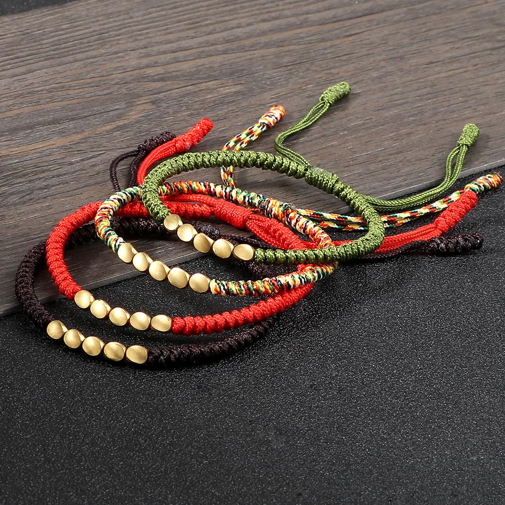Handmade Tibetan Copper Bead Thread Braided Bracelet Red Lucky Rope Prayer Wristband Bracelets for Men Women Ethnic Jewelry Gift
