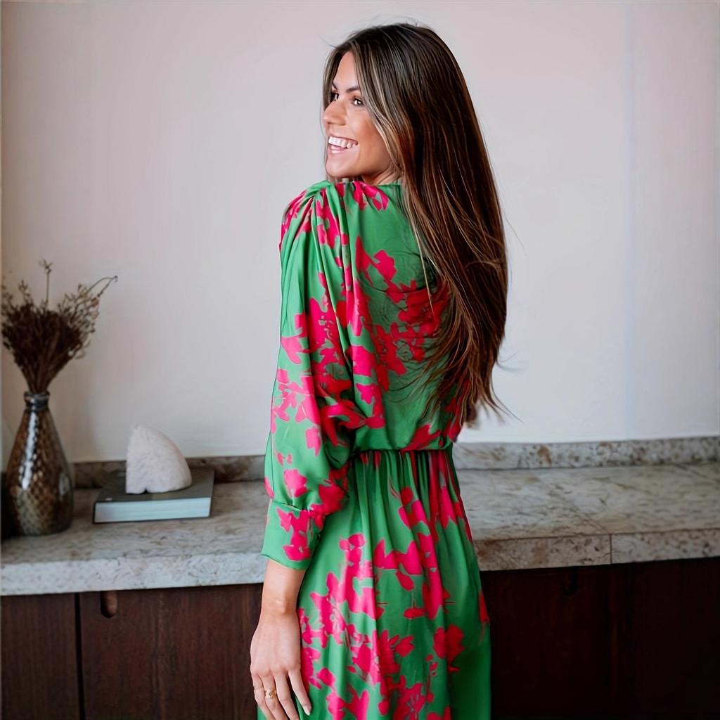 Women's Fall New Elegant Floral Printed V-neck Lantern Sleeve Long Maxi Dress for Leisure