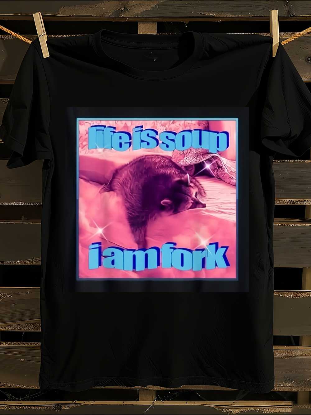 

Funny Life Is Soup I Am Fork Raccoon Meme T-Shirt Mens Tshirt Womens Tshirts with Letters Print Short Sleeves T-Shirt Casual Street Tee Shirt Top L