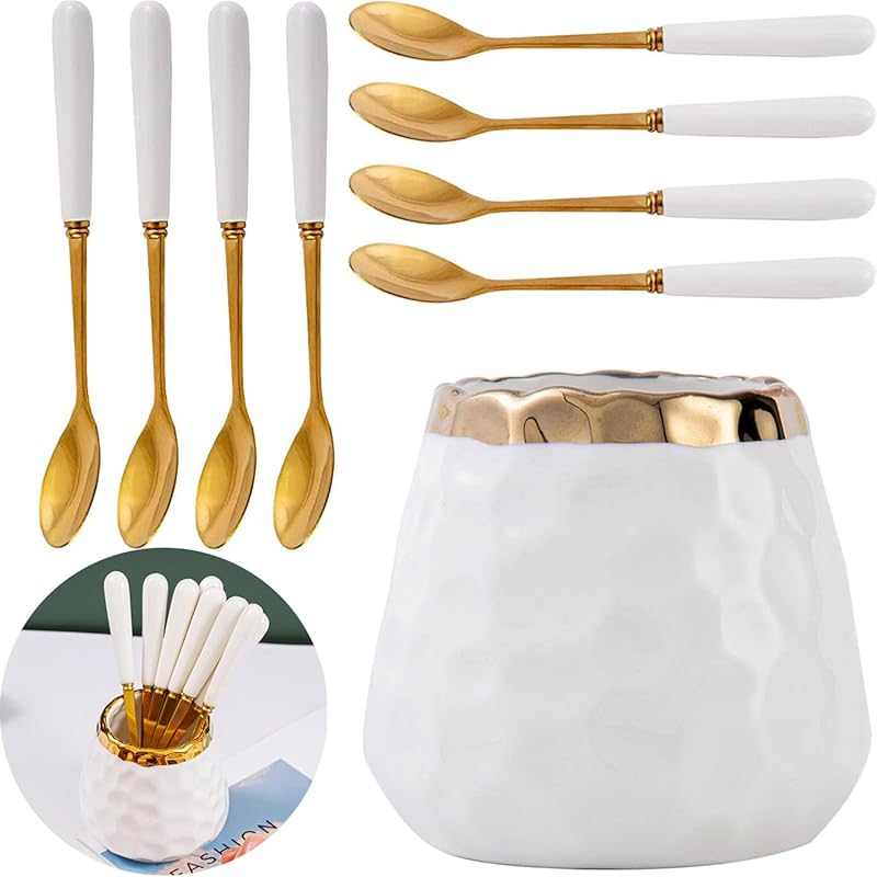 9 Pcs Coffee Spoon Set, Ceramic Jar with 8 Small Spoons Coffee Spoon, Tea Spoon, Ice CreamSpoon, Cake Spoon, Ceramic handle Spoons