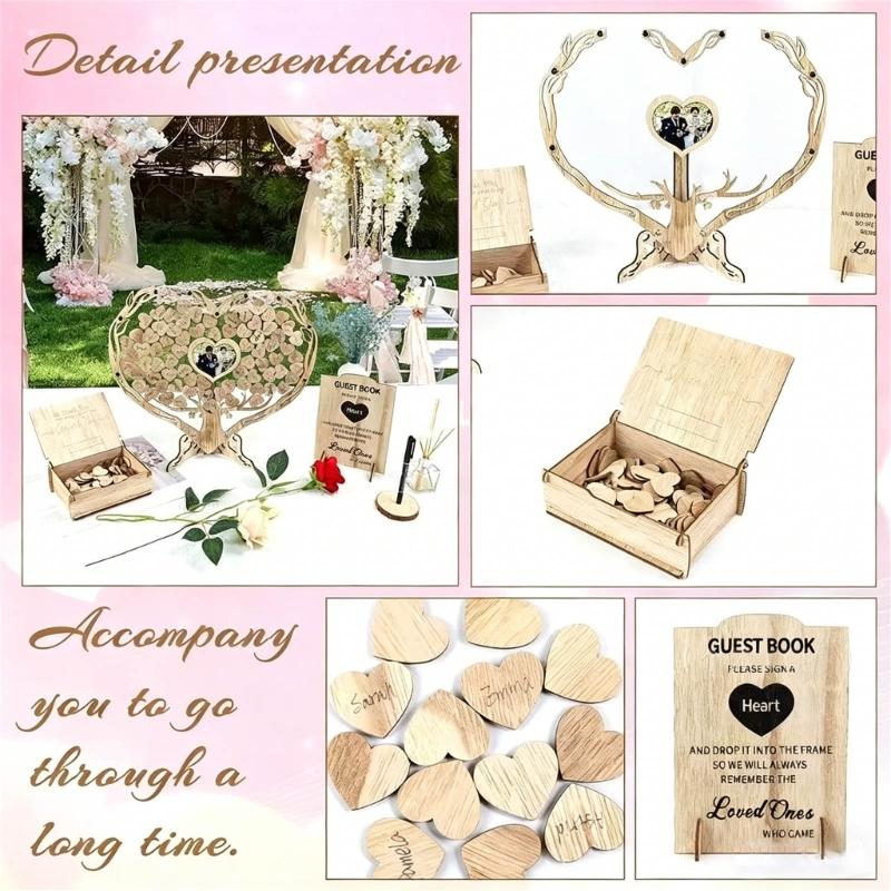 Romantics Wooden Wedding Guest Book With Heart Picture Frame For Bridals Shower And Anniversary Celebration