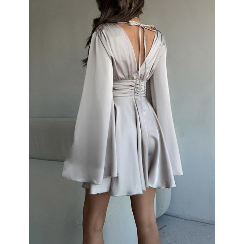 Evropský a americký styl Party Francouzský satén Zvonový rukáv Jednobarevné Šaty s dlouhým rukávem Dámské Výstřih do V Pas zdůrazňující Krátké šaty
