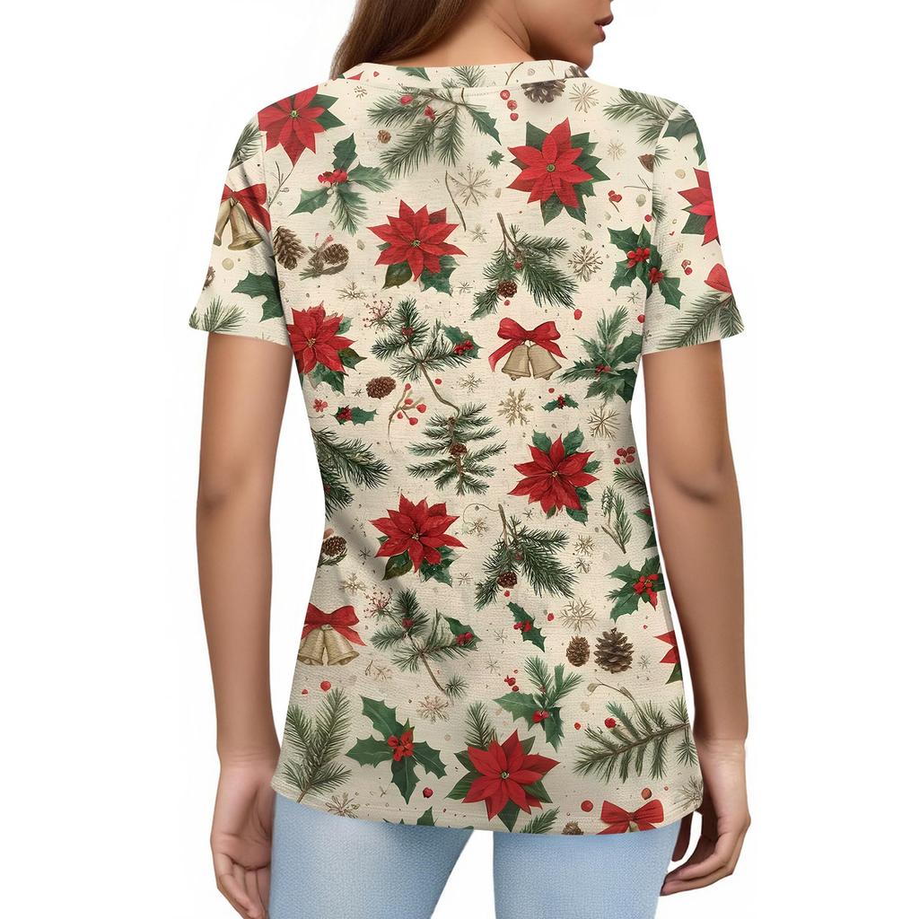 Dámské módní ležérní tričko s krátkým rukávem a vánočním potiskem, kulatým výstřihem, pulovr