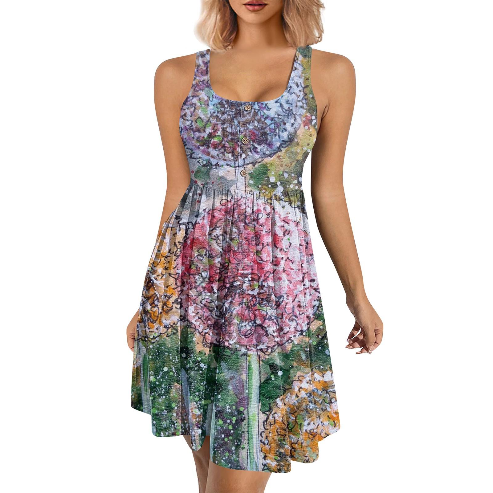 

(SU)Женский летний цветочный принт Украшение пуговиц Slim Sexy Cool Sling Платье