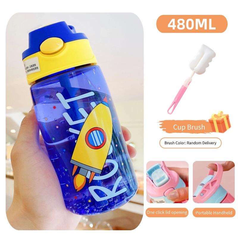 480ml Cute & Durable Cartoon Space Cup with Handeld Ring BPA-Free Portable Outdoor Water Bottle With Straws And Lids Spill Proof