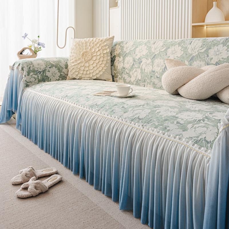 Universal Chenille Sofa Cover French Ruffled Edge Creamy Aesthetic Flower Pattern Anti-Slip Gradient Couch Cushion Mat