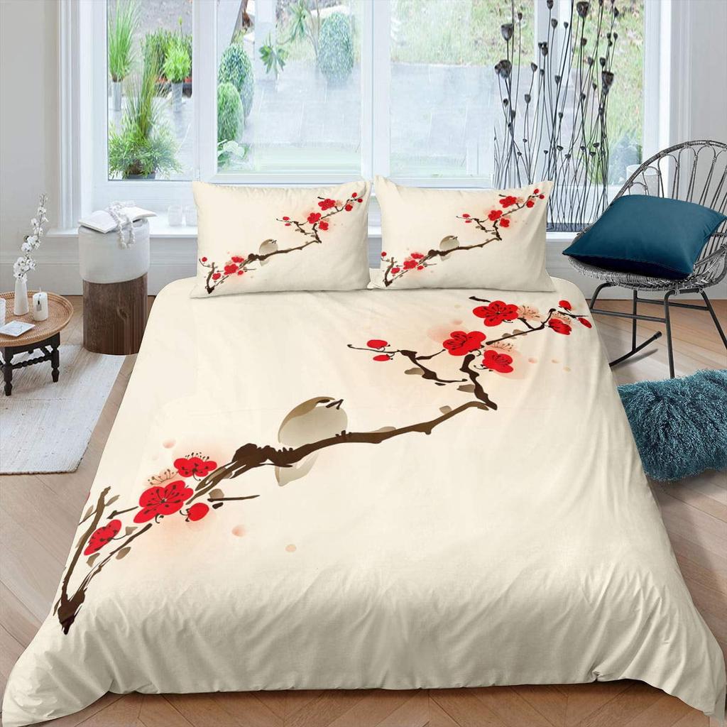 Comforter Plum Blossom Flower Floral Comforter For Kids Teens Women Butterfly Branches Ink Style Warm And Comfortable