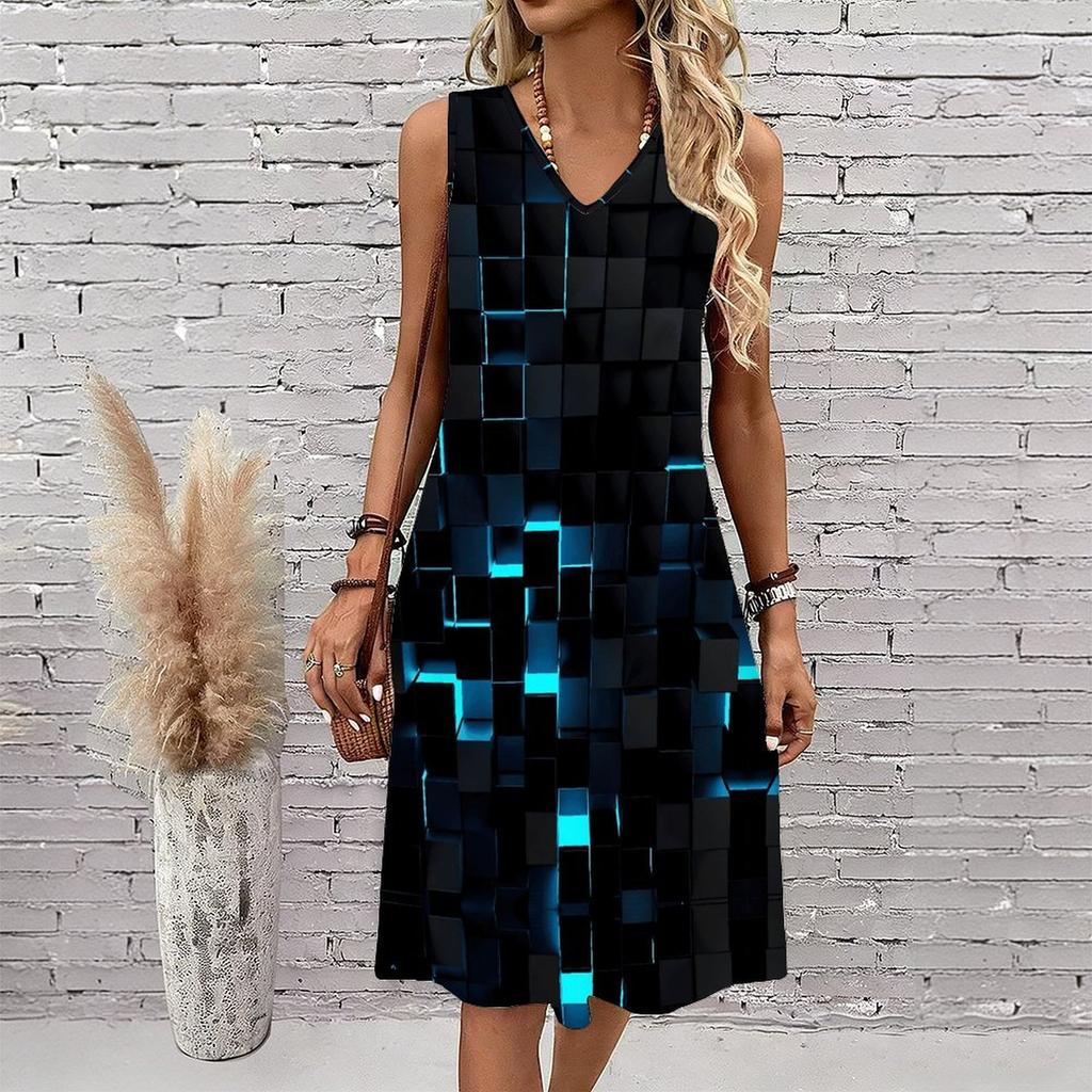 Plus Size V Neck Sleeveless Lush Bamboo Valley Stream Scenery Print For Outdoor Summer Wear