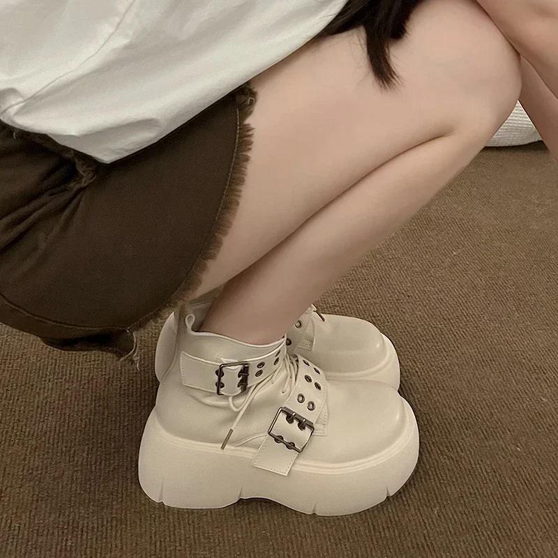 Ankle Boots Women Sneaker Platform Flats Shoes Woman Autumn  Trend New Rock Leather Punk Lace Up Thick Sole Goth Botas Mujer