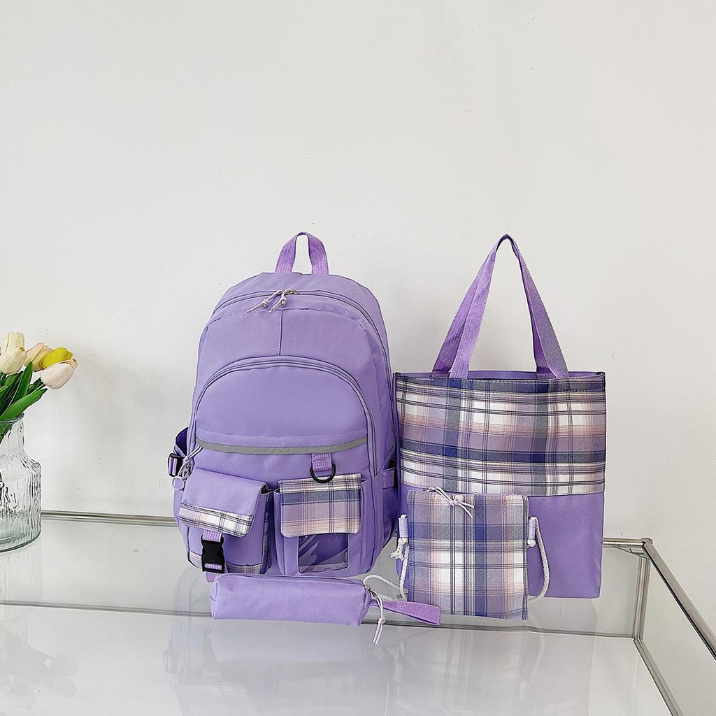 New schoolbag, primary school girl, lightweight stress relief, student backpack, fashionable plaid backpack, four-piece set