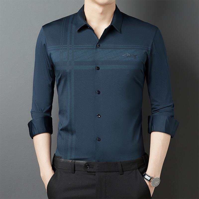 Spring New Seamless Men's Shirt Middle-aged Solid Color Elastic Long-sleeved Inch Shirt Fashionable Trend Shirt