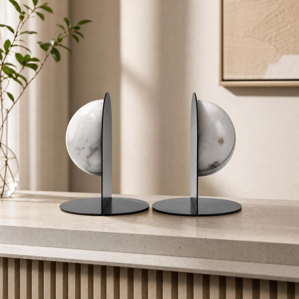 Round Bookends with Marble Sphere Modern Bookend Set Heavy Duty for Reading Nook