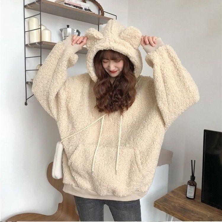 Winter Lamb Plush Coat Women's Teddy Bear Hoodie Women's Loose Jacket Women's College Style with Thickened Fleece