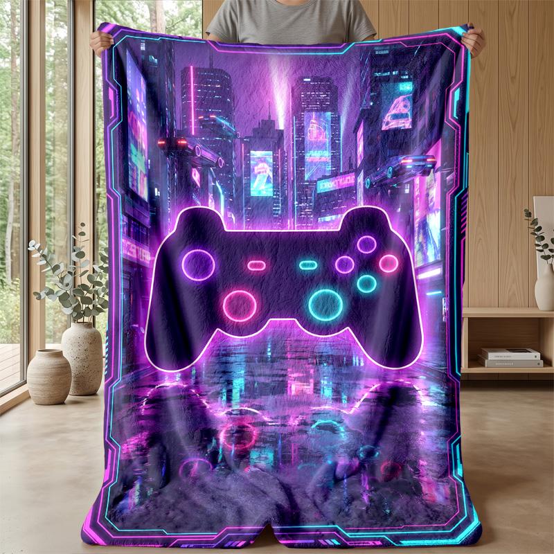 Cyberpunk Game Controller City Blanket Personalized Name Flannel Blanket Soft Cozy Plush Throw for Sofa Bed Lightweight Home Decor