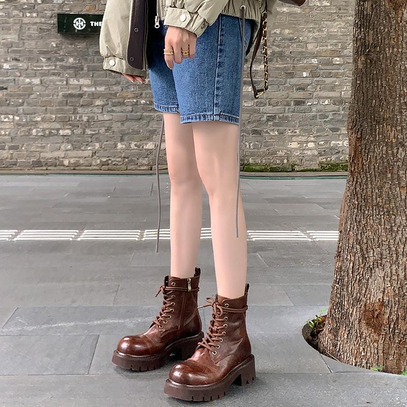 Polished First-layer Cowhide Martin Boots Women's Locomotive Boots Autumn and Winter New Thick-soled Medium Heel Strap Casual Women's Short Boots
