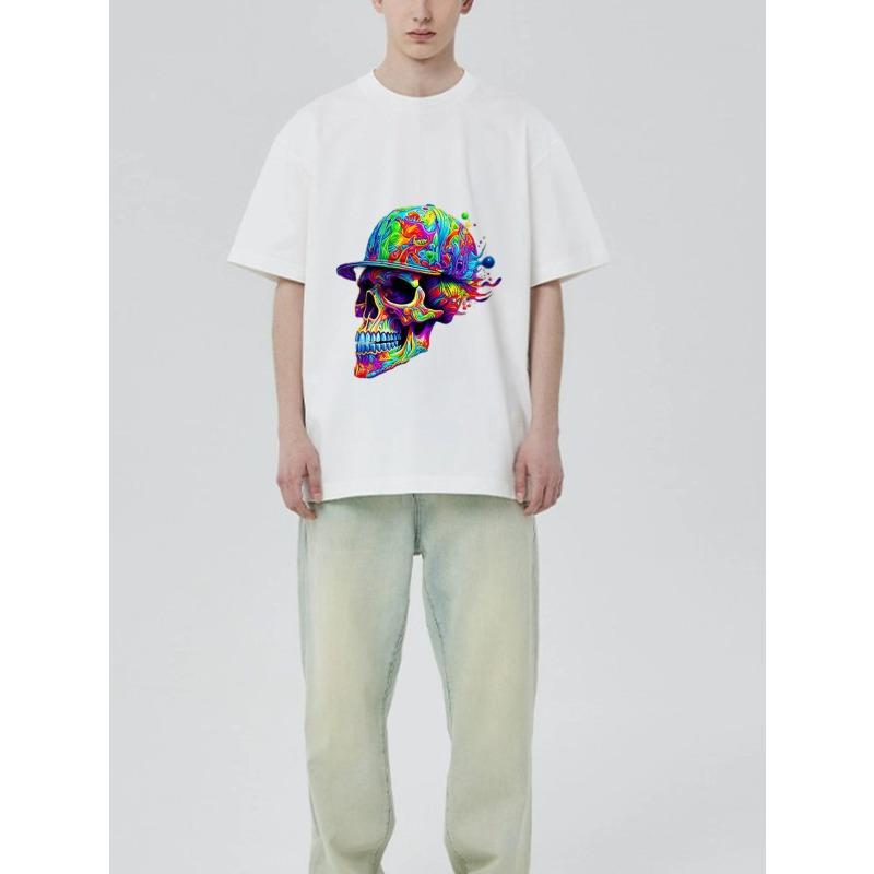 Farbenfroher Schädel mit Hut Grafik T-Shirt Schwarz Psychedelisches Kunstdesign für Freizeitkleidung Streetwear Fashion Statement Herren Damen Unisex Top