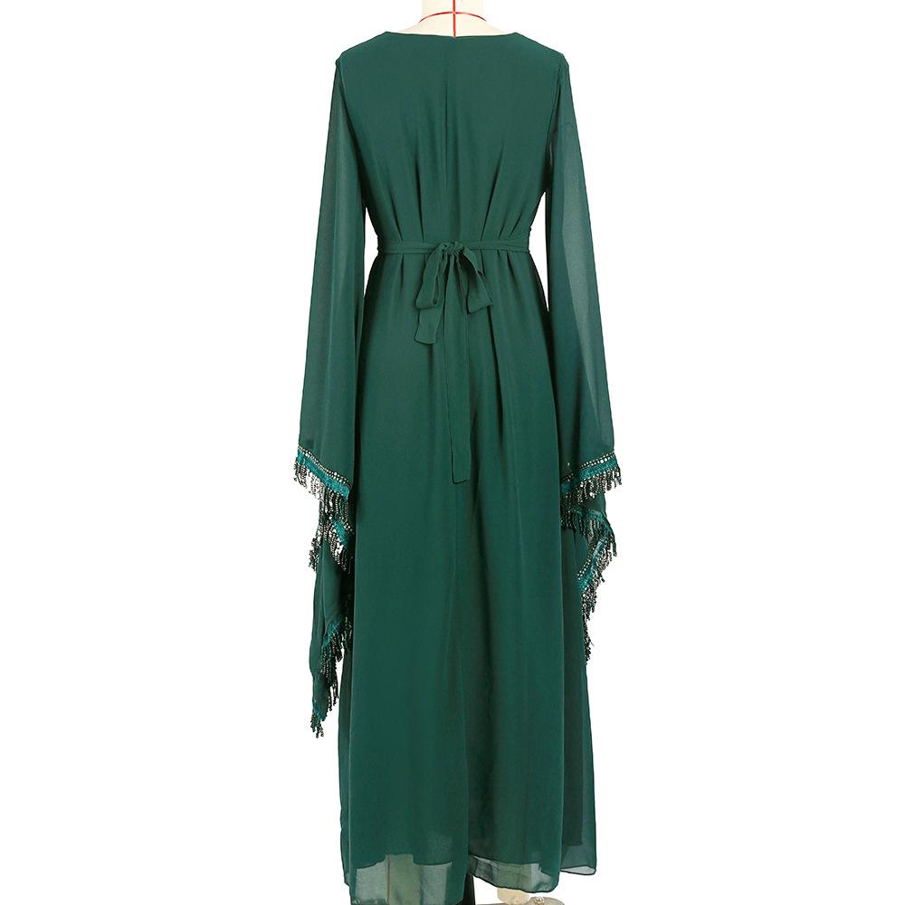 Women's Clothing Dark Green Chiffon Fringe Bell Sleeve Slim Fit Muslim Dress