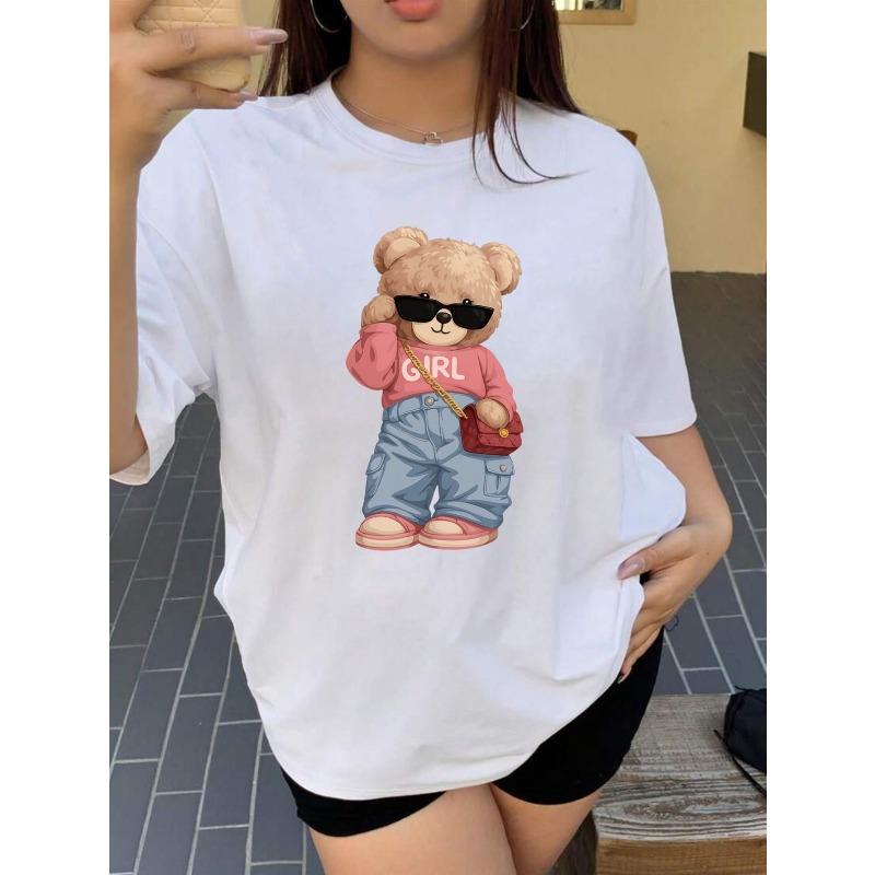 

European Size Women S Adorable Bear & Graphic T-Shirt - Soft Stretchy Crew Neck Casual Everyday Tee, White Top for Women, Suitable for All Seasons 4XL
