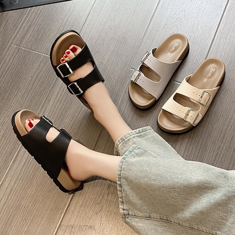 Fashion Summer Women Sandals Women Cork Footbed Slides Outdoor Casual Flip-flops Vacation Beach Sandals with Adjustable Buckle