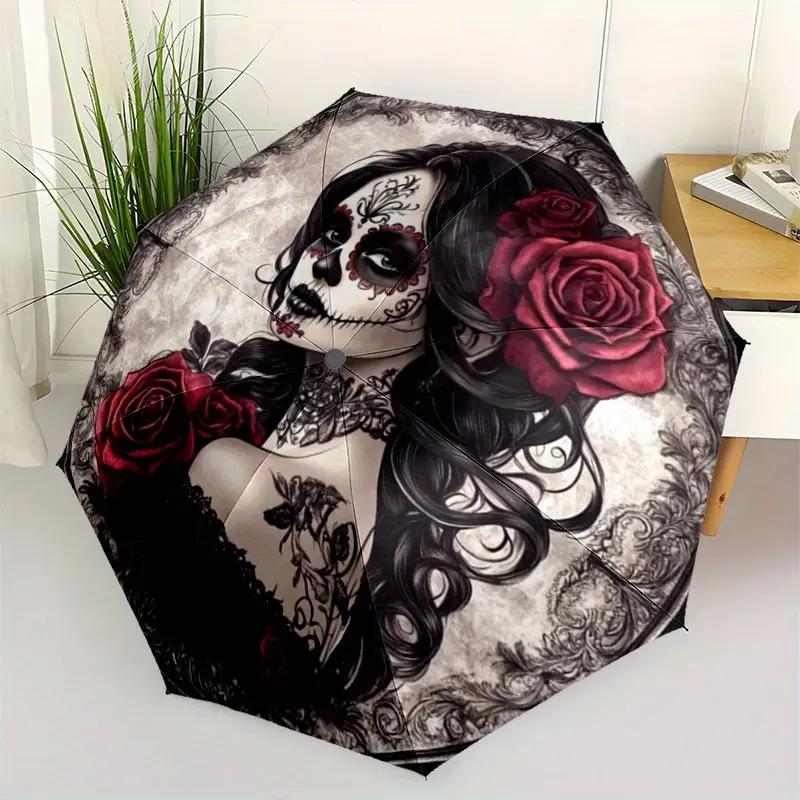 

Mexican Day of The Dead Umbrella - Automatic Open And Close Sugar Skull Lady with Red Rose Pattern Compact Umbrella - Gothic Floral Design, 11.81X3.15inch