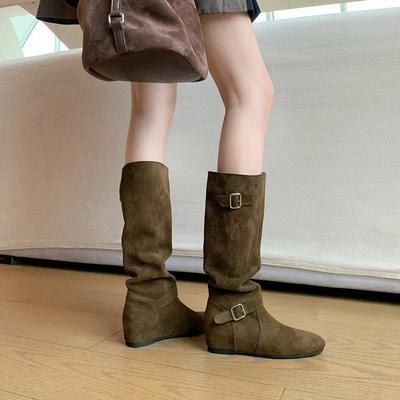 Soft Leather Version~ Soft Leather Inner Height Increase 4cm Pile Medium Boots Women's Autumn and Winter New Maillard Boots High Boots