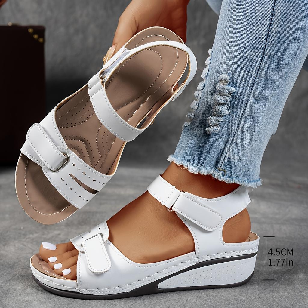 Women's Beige Wedge Sandals - Casual Open-Toe with Comfortable Ankle Strap, Suitable for Summer, Women's Sandals