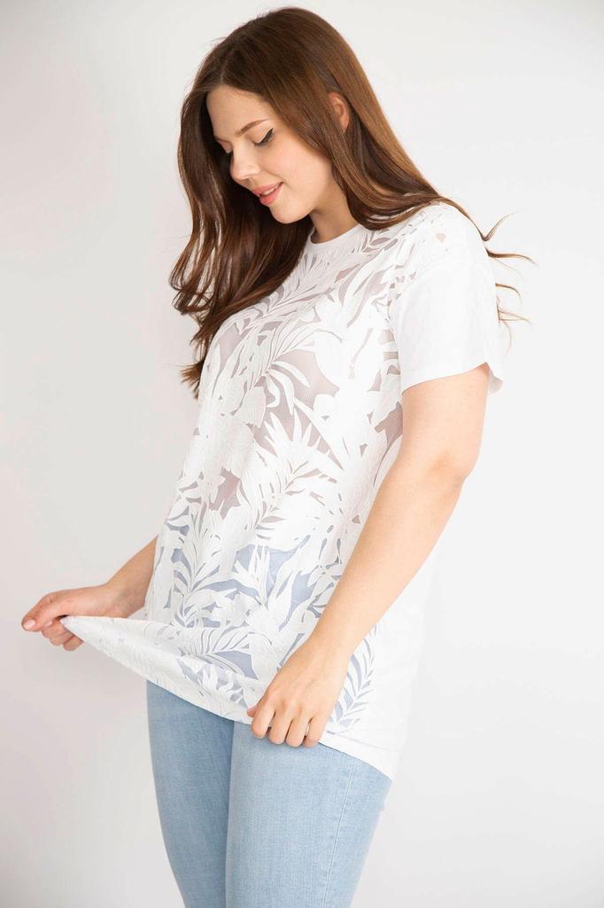 Damen Übergröße Bluse Weiß Plus Size Frontbeflockt Rundhalsausschnitt Kurzarmbluse