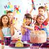 Birthday Party Supplies: Disposable Tablecloth, Paper Plates, Paper Cups, Balloons, And Party Decorations.