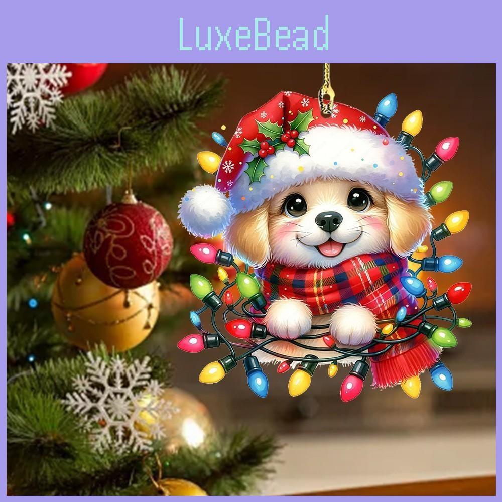 Flat Acrylic Christmas Surface Pendant With Cute Puppy Checkered Design Scarf