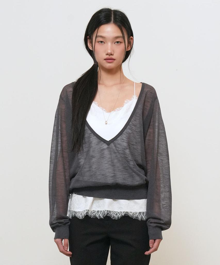 GENERALIDEA Deep V-Neck See-Through Knit Pullover [Charcoal] / Gf2Lkp544