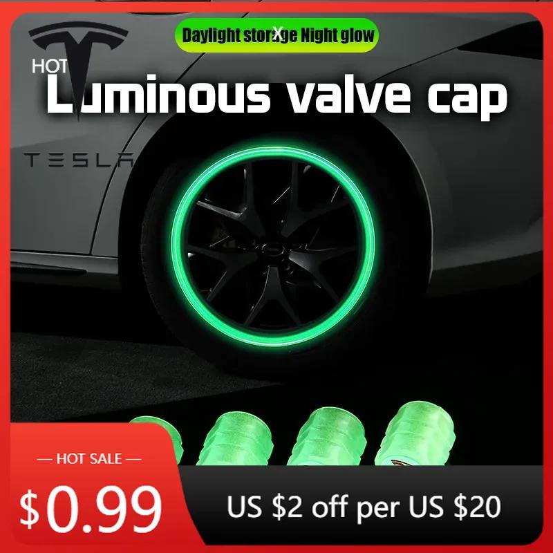 Bilklistermärke 2025 Het 4 st Bil Ljusande Däckventilhattar Däck Fluorescerande Tillbehör För Tesla Roadster Modell 3 Y S X Juguete Coi