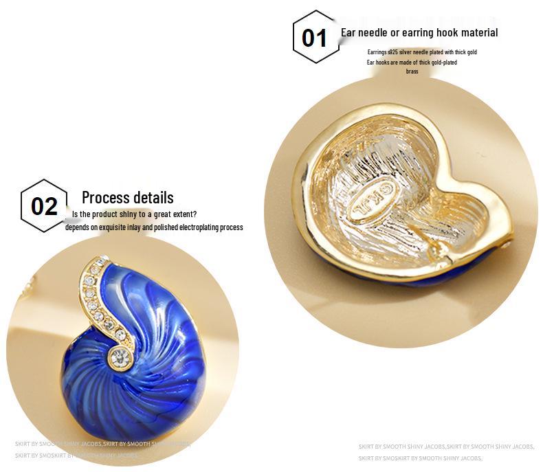 Antique Blue Enamel Conch Earrings In Oil Painting Style - Chinese Retro Inspired Fashion Jewelry