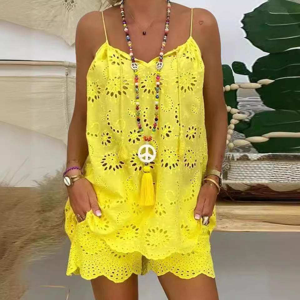 

Комплекты из двух предметов, женские наряды, повседневный комплект из топа и шорт с V-образным вырезом и без рукавов, модный женский костюм XXL жёлтый